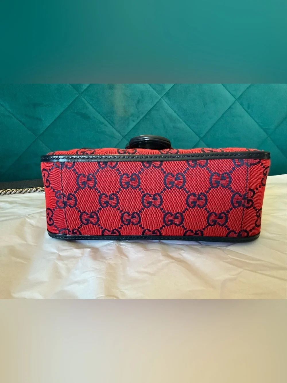 Gucci Red GG Marmont Top Handle Satchel with Black Trim